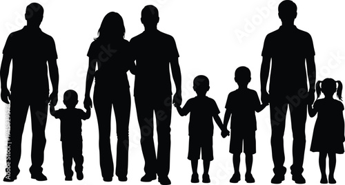 Family silhouettes parents and children holding hands illustration representing love parenting childhood unity togetherness people vector collection