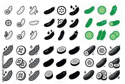 Vegetable icons with cucumber slice pickle flat