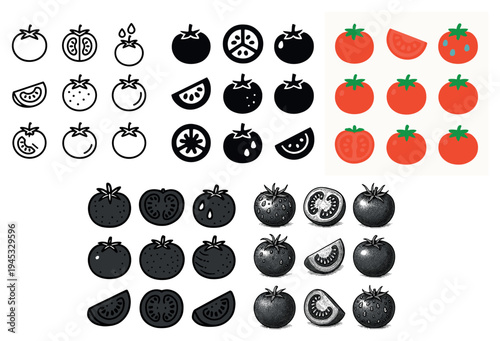 Vegetable icons with tomato whole and wedge flat colorful
