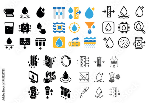 Water purification icons with membrane funnel minimal bold