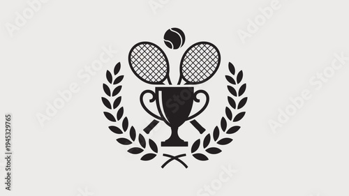 A black and white illustration of a trophy with tennis rackets and a ball, surrounded by a laurel wreath, symbolizing victory in tennis.