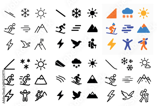 Winter icons with skier mountain sun minimal