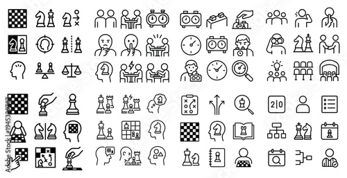 Business chess icons with pawn clock people outline