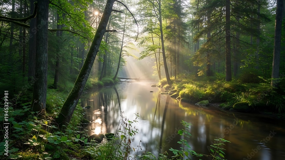 Obraz premium Sunlight filters through dense forest canopy onto a calm flowing.