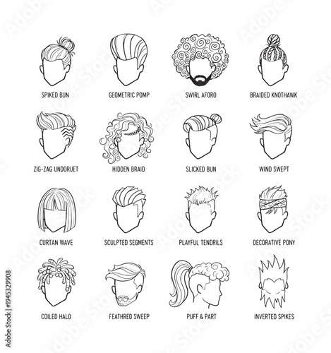 Male Hairstyles Hand-drawn featuring Spiked Bun and Geometric Pomp
