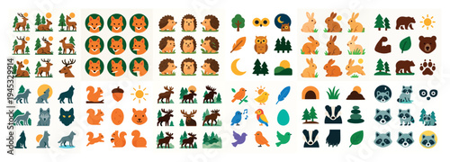 Forest icons with fox hedgehog bird minimal vibrant