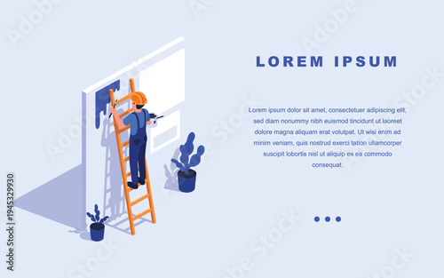 Illustration of a construction worker measuring a wall with a level and tape measure next to a plant and toolbox on a blue background.