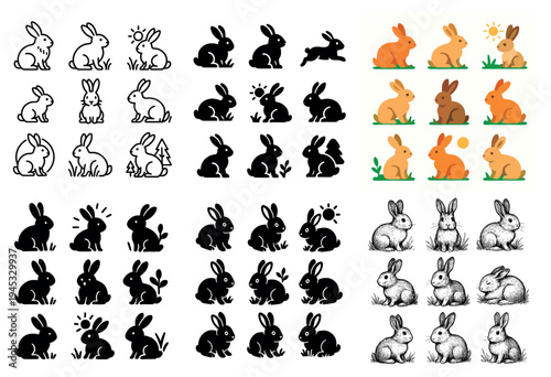 Meadow icons with rabbit and grass playful