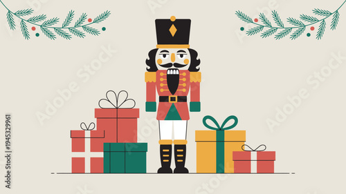 A colorful cartoon nutcracker soldier standing among wrapped Christmas presents on a festive holiday background