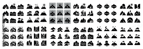 Mountain icons with sun tree house bold