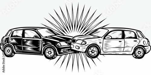 Car Crash Accident Vector - Head-On Collision Impact Illustration with Explosion Effect