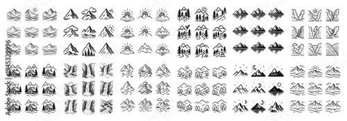 Nature icons with mountain waterfall forest line