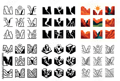 Canyon icons with cliffs sun layers minimal