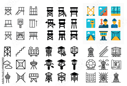 Construction icons with tower stairs platform line