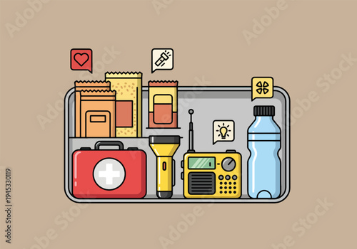 Disaster relief emergency kit with supplies and tools for survival preparedness