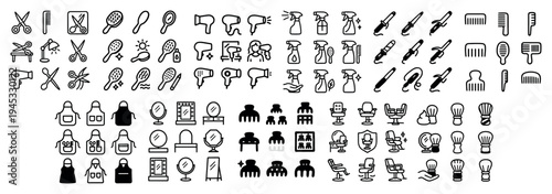 Haircare icons with brush comb mirror outline