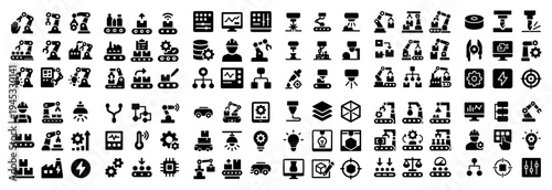 Manufacturing icons with assembly line machine bold