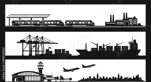 Transportation and industrial city skyline silhouette set featuring train station seaport cargo ship airport airplanes urban infrastructure vector