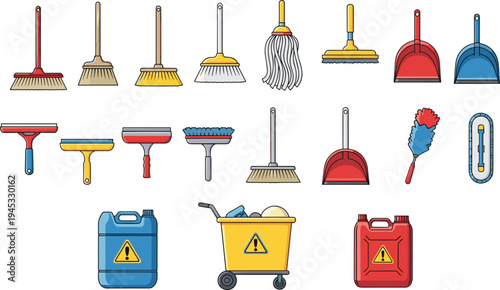 Cleaning tools vector set including broom mop brush dustpan bucket detergent container and housekeeping equipment collection illustration