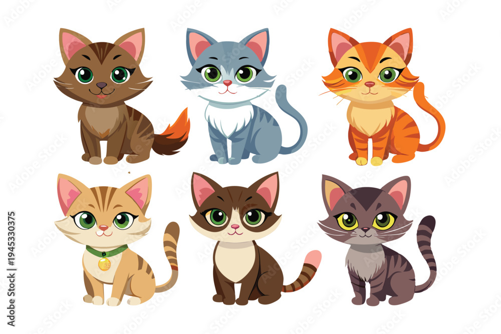 Fototapeta premium Cute cartoon cats characters set. Diverse domestic kittens collection for nursery and children design vector illustration.
