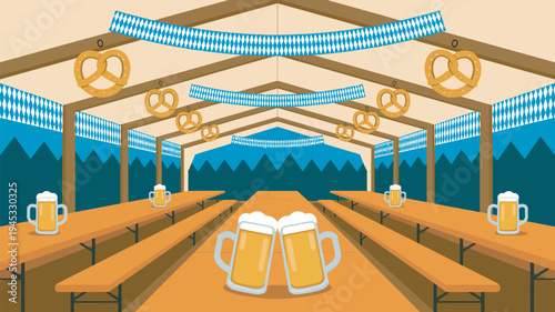 A festive illustration of a traditional German beer garden with wooden tables and benches, decorated with pretzels and beer mugs.