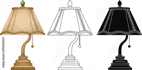 Vintage table lamp vector illustration set with classic decorative shade interior lighting furniture design isolated outline silhouette styles