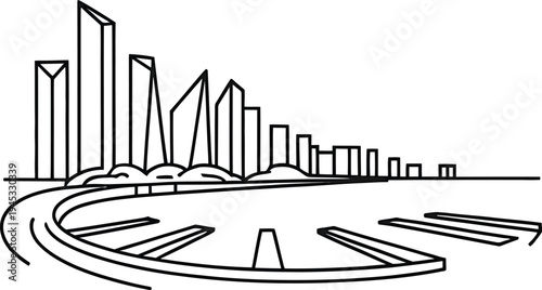 Abstract geometric city skyline illustration showing modern skyscrapers and waterfront walkway