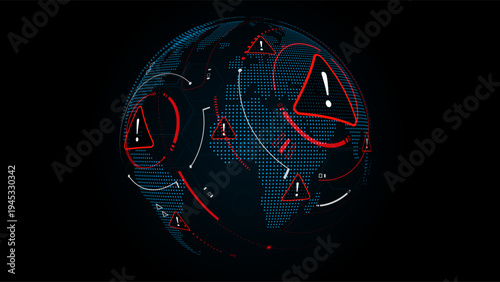 Digital World War Concept. Global Conflict and Cyber Warfare Alert Icons on Blue World Map. High-Tech Security Threat and Crisis Illustration, vector illustration