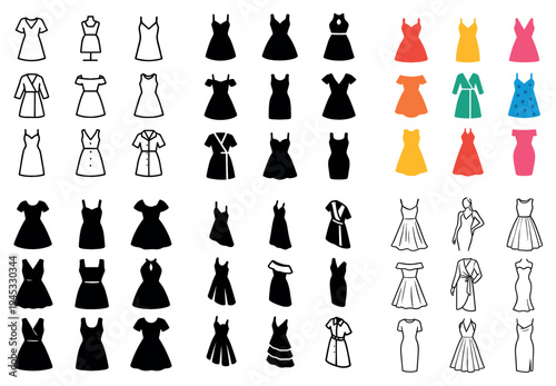 Fashion icons with dresses mannequin gown outline
