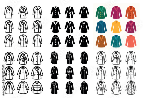 Coat icons with jacket trench coat colorful flat