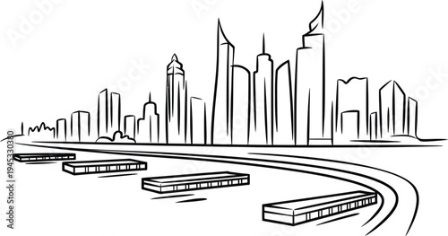 Abstract skyscraper skyline drawing with water reflections and modern architectural silhouettes