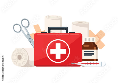 First aid kit with medical supplies for emergency care and treatment at home or office