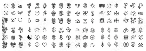 Floral icons with flower stem leaf minimal