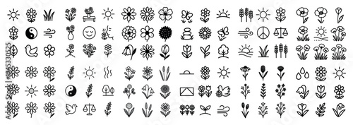 Floral icons with flowers and reeds outline