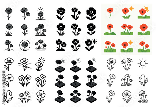 Floral icons with poppy flower and stem colorful