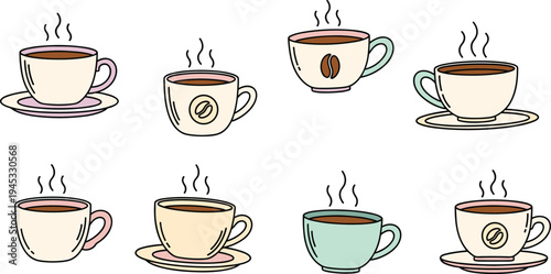Hot coffee cup vector set with steaming mugs and saucers in pastel colors featuring coffee bean symbols for cafe menu, beverage branding and drink illustrations