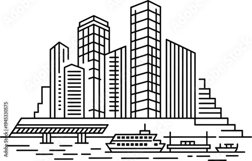 Cityscape with cruise ships and tall buildings in one line art drawing on transparent background