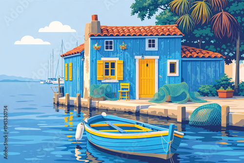 A luxury summer resort house on the sunny Venice coast features stunning architecture over the blue water with a private swimming pool for a perfect holiday vacation in Italy