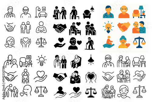 Eldercare icons with doctor caregiver scales colorful