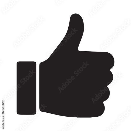 A simple black silhouette of a human hand displaying a thumbs up gesture indicating approval or positivity
