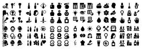 Cosmetics icons with bottle mirror lipstick glyph