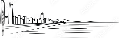 Modern city skyline with buildings and water silhouette on a transparent background