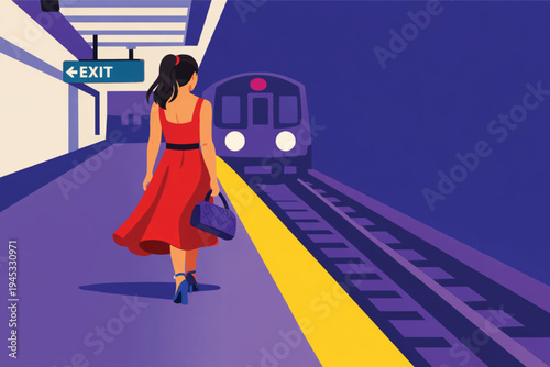 A successful fashion business woman walks along a city road near a train station in this silhouette vector illustration concept