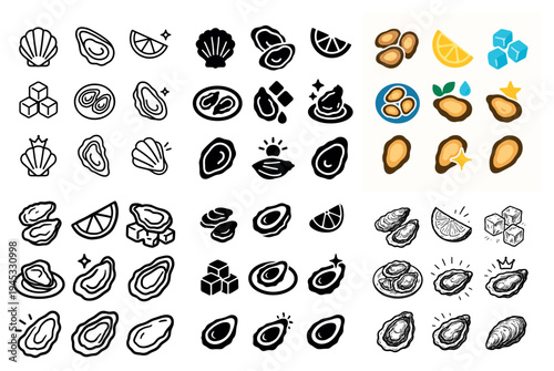 Oyster icons with shell lemon cube flat