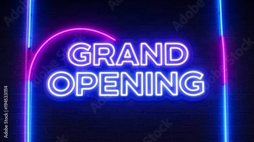 Neon sign with 'GRAND OPENING' text surrounded by blue and pink neon lights forming an arch and lines on a black background with a futuristic ambiance.
