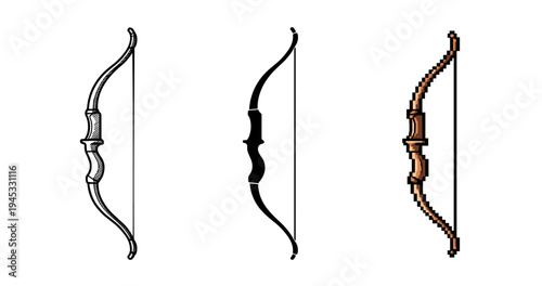 Set of bows: vintage, minimalist, and pixel art styles on white background
