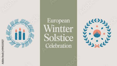 A festive graphic design celebrating the European Winter Solstice with traditional symbols and colors