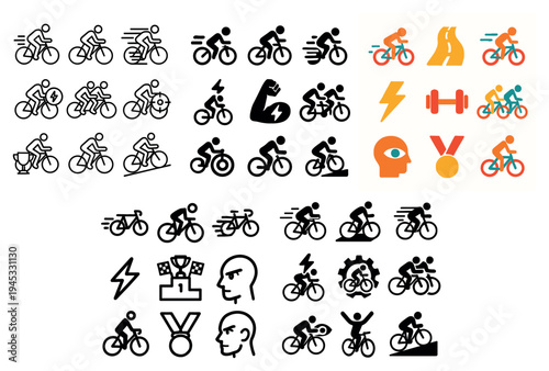 Cycling icons with racer trophy medal bold