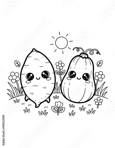 Vector illustration of two cute root vegetables with smiling faces in garden
