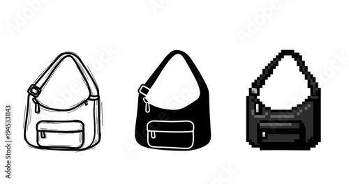 Three artistic styles of hobo bags: sketch, solid silhouette, and pixel art